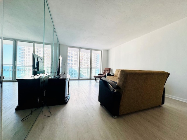 living room featuring a wall of windows, baseboards, a textured ceiling, and light wood finished floors