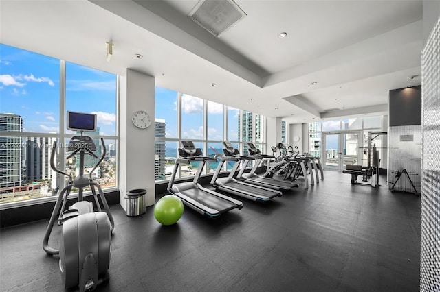 gym with visible vents, floor to ceiling windows, and a raised ceiling