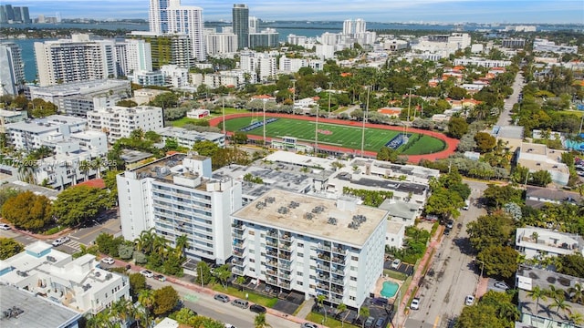 bird's eye view with a water view and a view of city