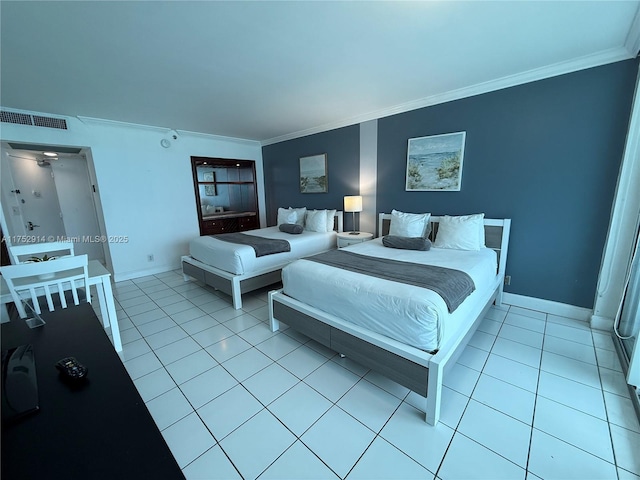 bedroom featuring light tile patterned floors, baseboards, visible vents, and crown molding