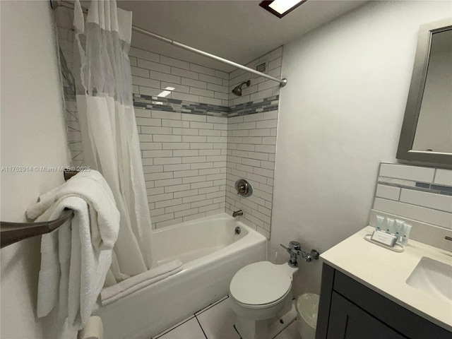 full bathroom with shower / tub combo, vanity, and toilet