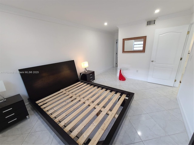 bedroom featuring ornamental molding, recessed lighting, visible vents, and baseboards