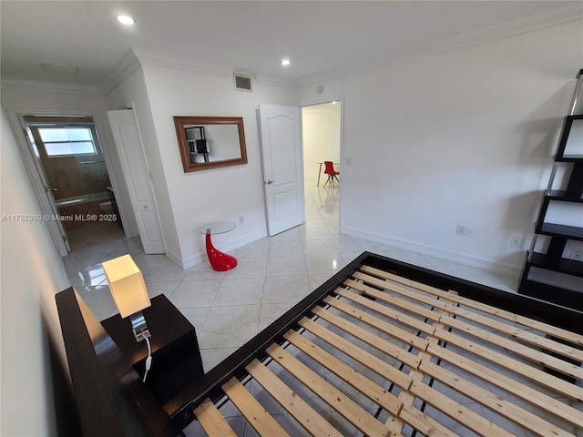 interior space with light tile patterned flooring, recessed lighting, visible vents, baseboards, and crown molding