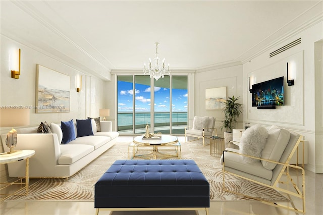 living area with ornamental molding, a chandelier, floor to ceiling windows, and visible vents