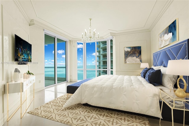 bedroom featuring access to outside, ornamental molding, and an inviting chandelier