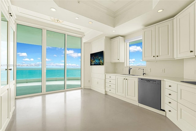 kitchen featuring dishwashing machine, recessed lighting, a sink, white cabinetry, and ornamental molding