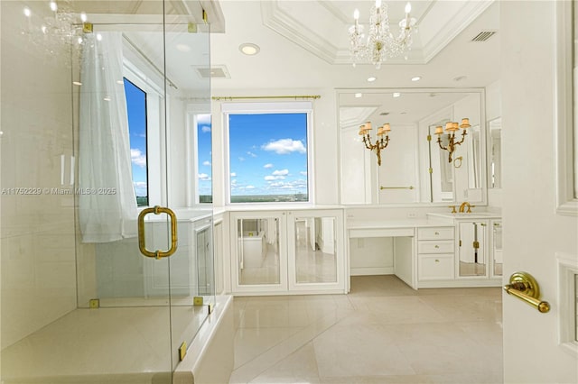 full bathroom with crown molding, a raised ceiling, visible vents, a stall shower, and vanity