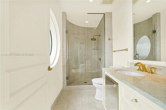 full bathroom featuring a stall shower, visible vents, toilet, vanity, and recessed lighting