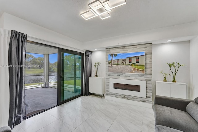 living room with a large fireplace