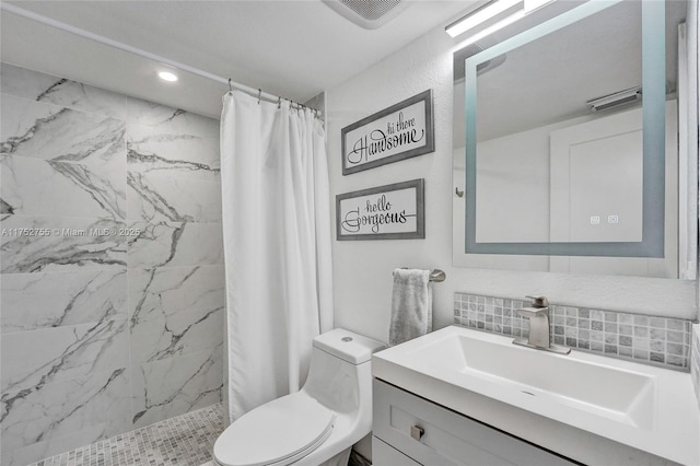 full bathroom featuring toilet, recessed lighting, a marble finish shower, and vanity