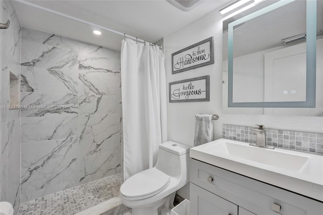 full bathroom featuring toilet, recessed lighting, visible vents, vanity, and a marble finish shower