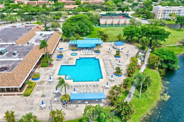 drone / aerial view with a water view