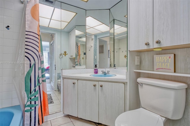 full bathroom with toilet, visible vents, vanity, tile patterned floors, and shower / bathtub combination with curtain