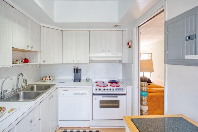 kitchen featuring under cabinet range hood, white appliances, a sink, visible vents, and electric panel