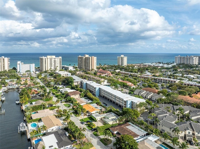 aerial view with a water view and a city view