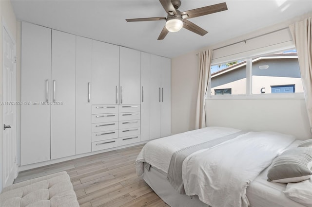 bedroom featuring a ceiling fan and light wood-type flooring