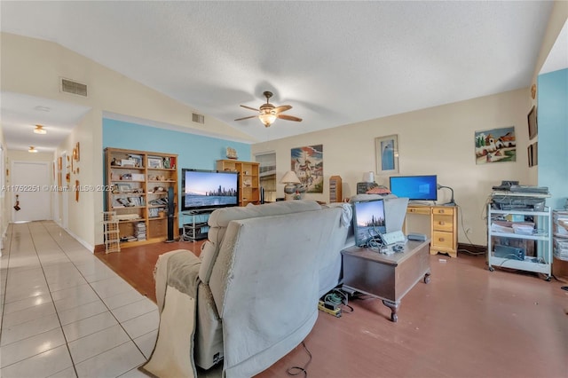 8601 Bridle Path Ct Unit 222, Davie, FL 33328 - living room with lofted ceiling, a ceiling fan, and a textured ceiling