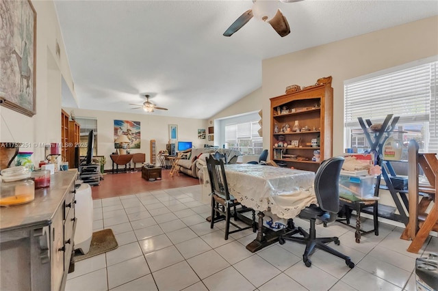 8601 Bridle Path Ct Unit 222, Davie, FL 33328 - dining room with a ceiling fan, lofted ceiling, and light tile patterned floors