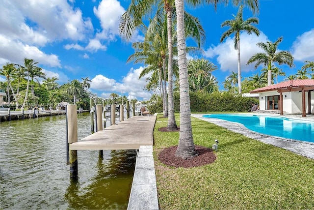 view of pool with a water view, a yard, a fenced in pool, and a boat dock