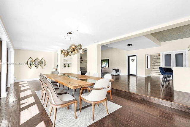 dining area with stairs, dark wood-type flooring, and baseboards