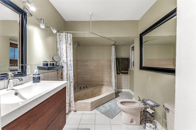 full bath with vanity, shower / tub combo, tile patterned flooring, and toilet