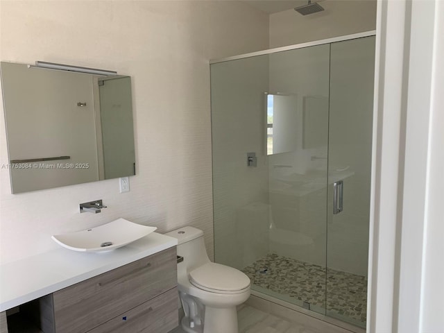bathroom with decorative backsplash, visible vents, a shower stall, vanity, and toilet