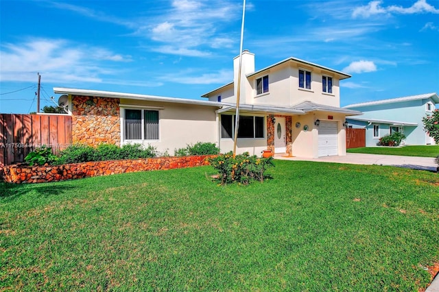 view of front of home with stone siding, a front yard, fence, and stucco siding