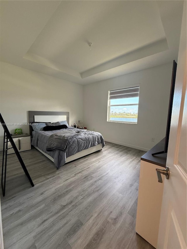 bedroom with a raised ceiling, baseboards, and wood finished floors