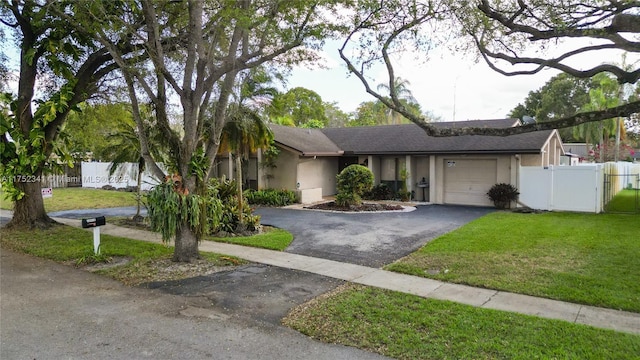 single story home featuring driveway, fence, a garage, and a front lawn