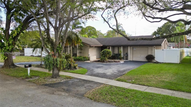 view of front facade with stucco siding, an attached garage, fence, driveway, and a front lawn