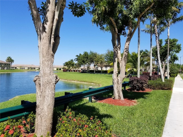 view of community with a water view and a lawn