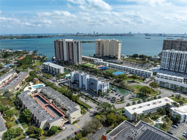 aerial view featuring a water view and a view of city