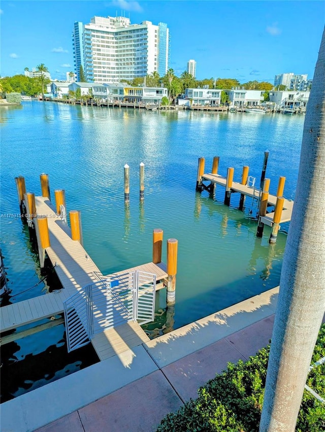 dock area with a water view and a city view