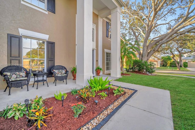 entrance to property with a yard and stucco siding