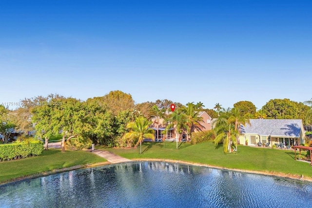 aerial view featuring a water view