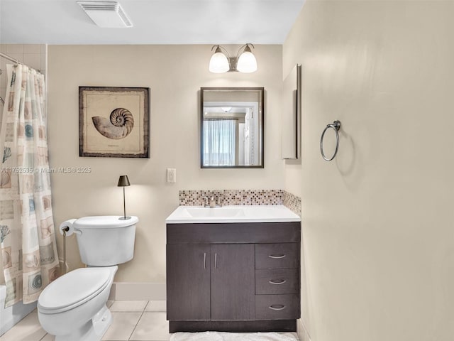 full bath with curtained shower, visible vents, toilet, vanity, and tile patterned floors