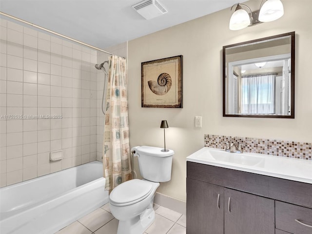 full bath with shower / tub combo with curtain, visible vents, toilet, vanity, and tile patterned floors