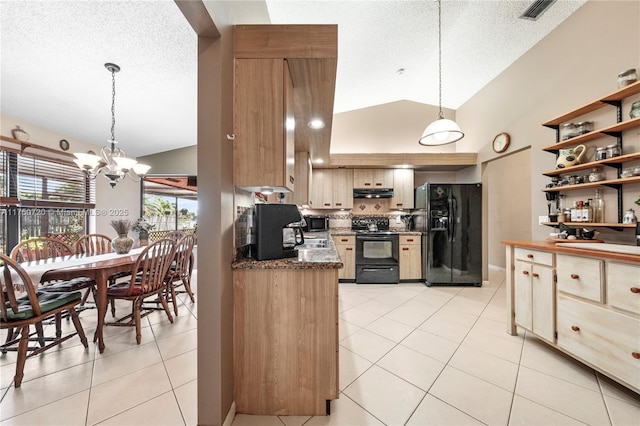 kitchen featuring light tile patterned floors, under cabinet range hood, black appliances, open shelves, and backsplash