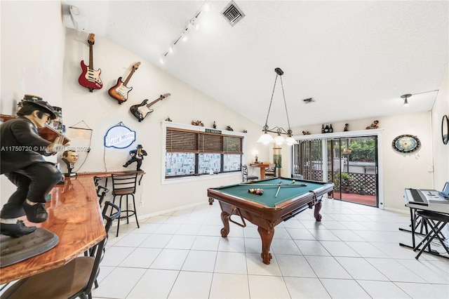 playroom with visible vents, vaulted ceiling, pool table, and light tile patterned floors
