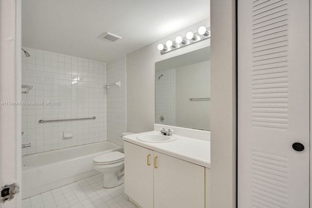 full bath with shower / bath combination, visible vents, toilet, tile patterned floors, and vanity