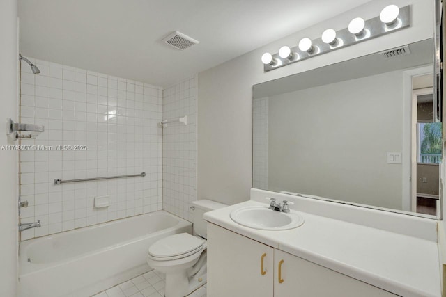 full bath featuring shower / bath combination, visible vents, vanity, and toilet