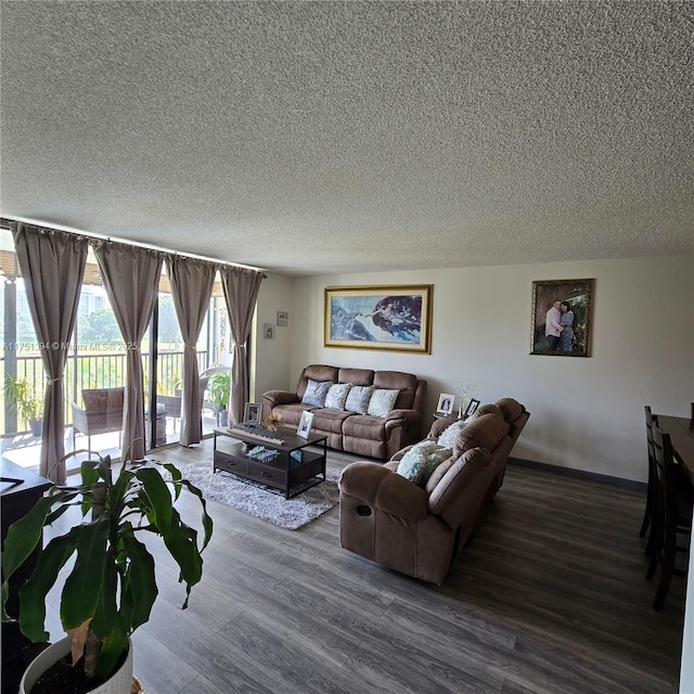 living room featuring a textured ceiling and dark wood finished floors
