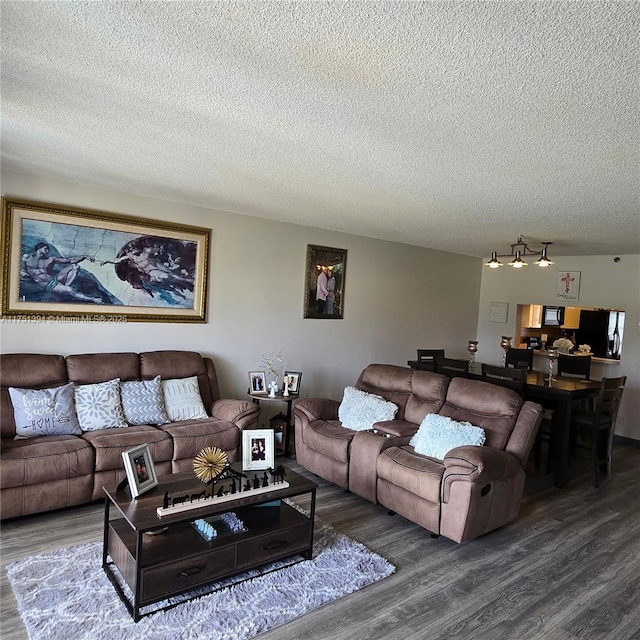 living room featuring wood finished floors and a textured ceiling