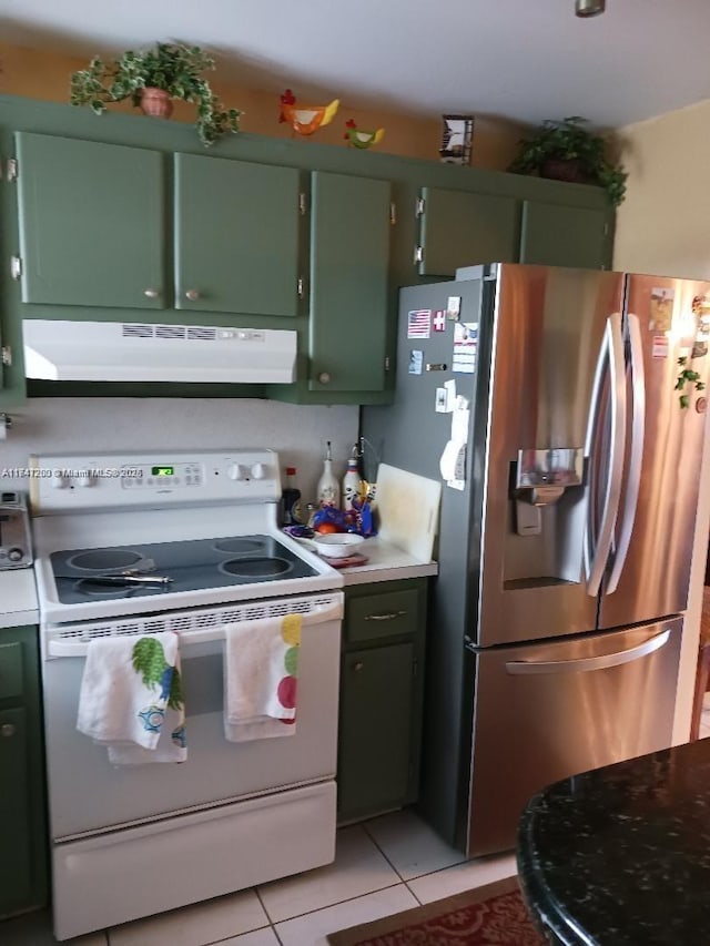 kitchen featuring electric stove, light tile patterned floors, green cabinetry, under cabinet range hood, and stainless steel fridge with ice dispenser