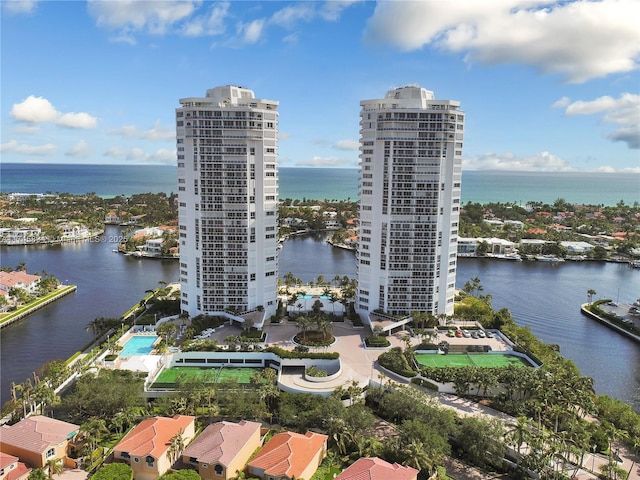 bird's eye view with a water view