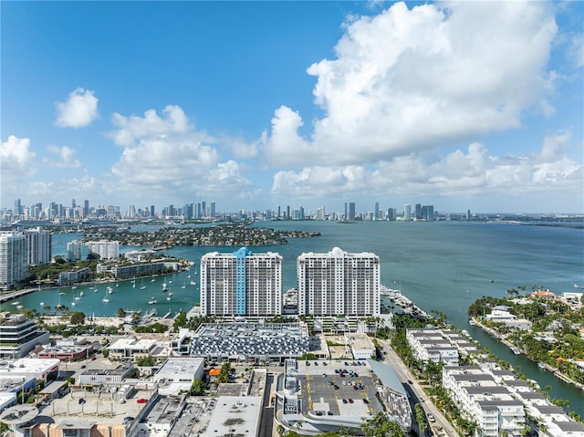 drone / aerial view featuring a water view and a city view