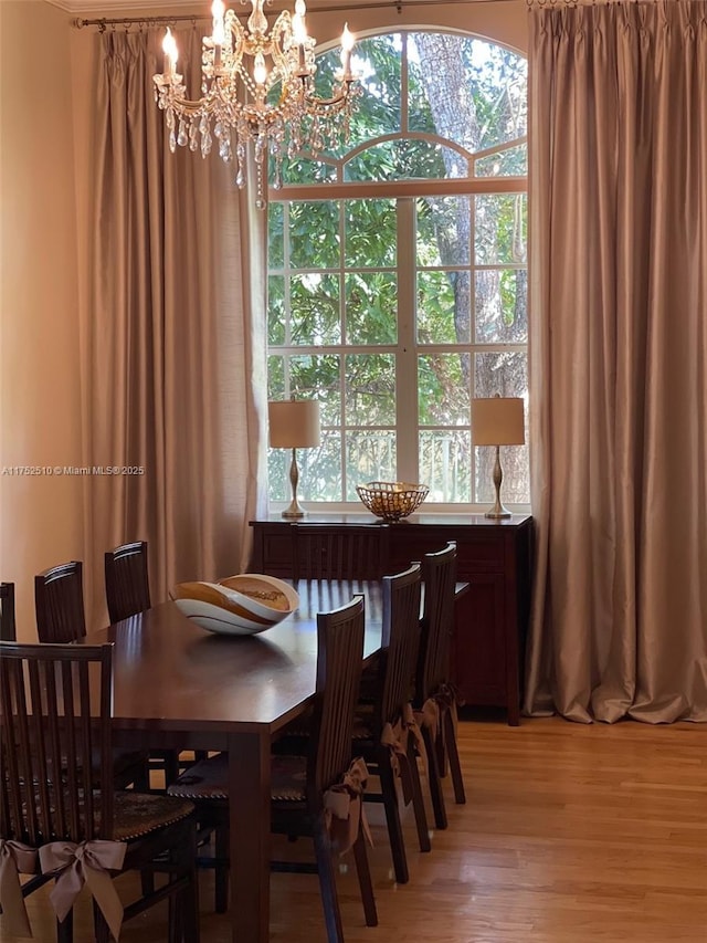 dining space featuring an inviting chandelier, light wood-style flooring, and a healthy amount of sunlight