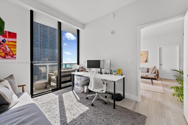 office featuring baseboards, a wall of windows, and wood finished floors