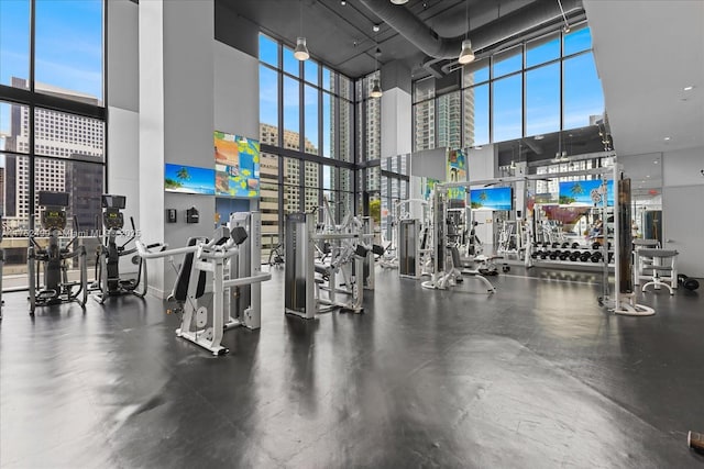 workout area with a high ceiling and a wall of windows