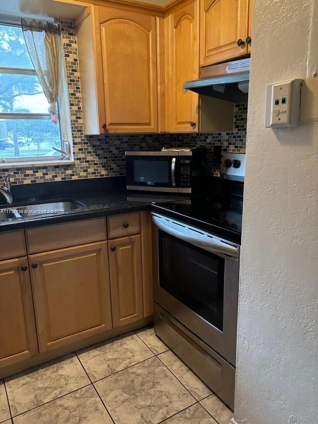 kitchen with under cabinet range hood, tasteful backsplash, appliances with stainless steel finishes, and a sink